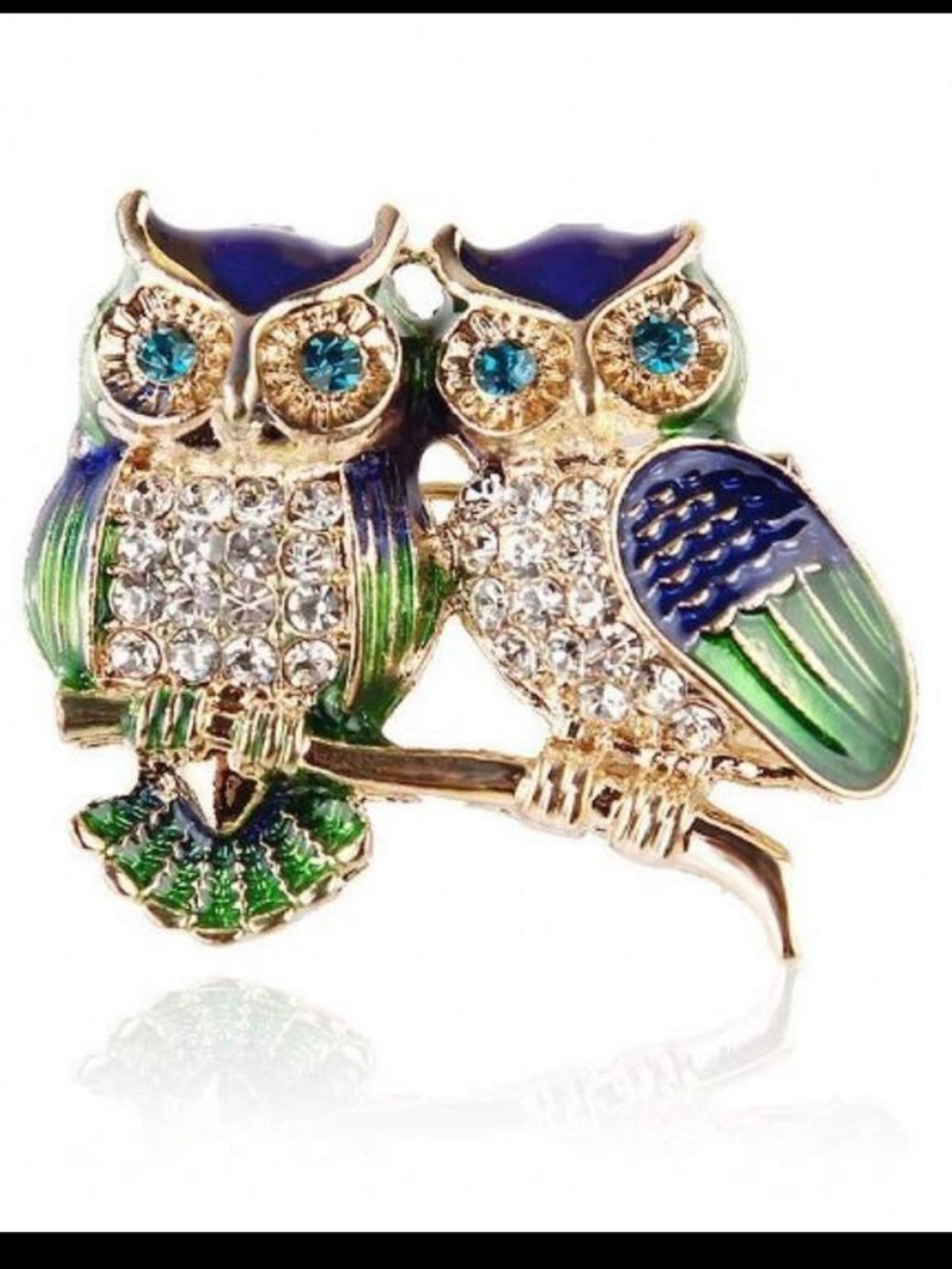 Rhinestone Owl Duo Crystal Brooch - Blue Green